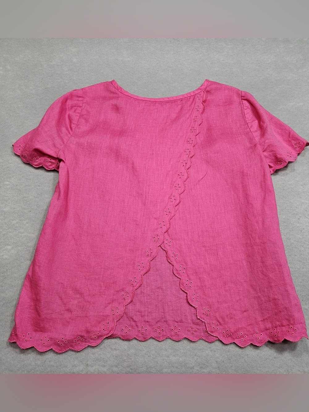 J. Crew Linen Eyelet Scalloped Crossover Back Short Sleeve Blouse Hot Pink 00